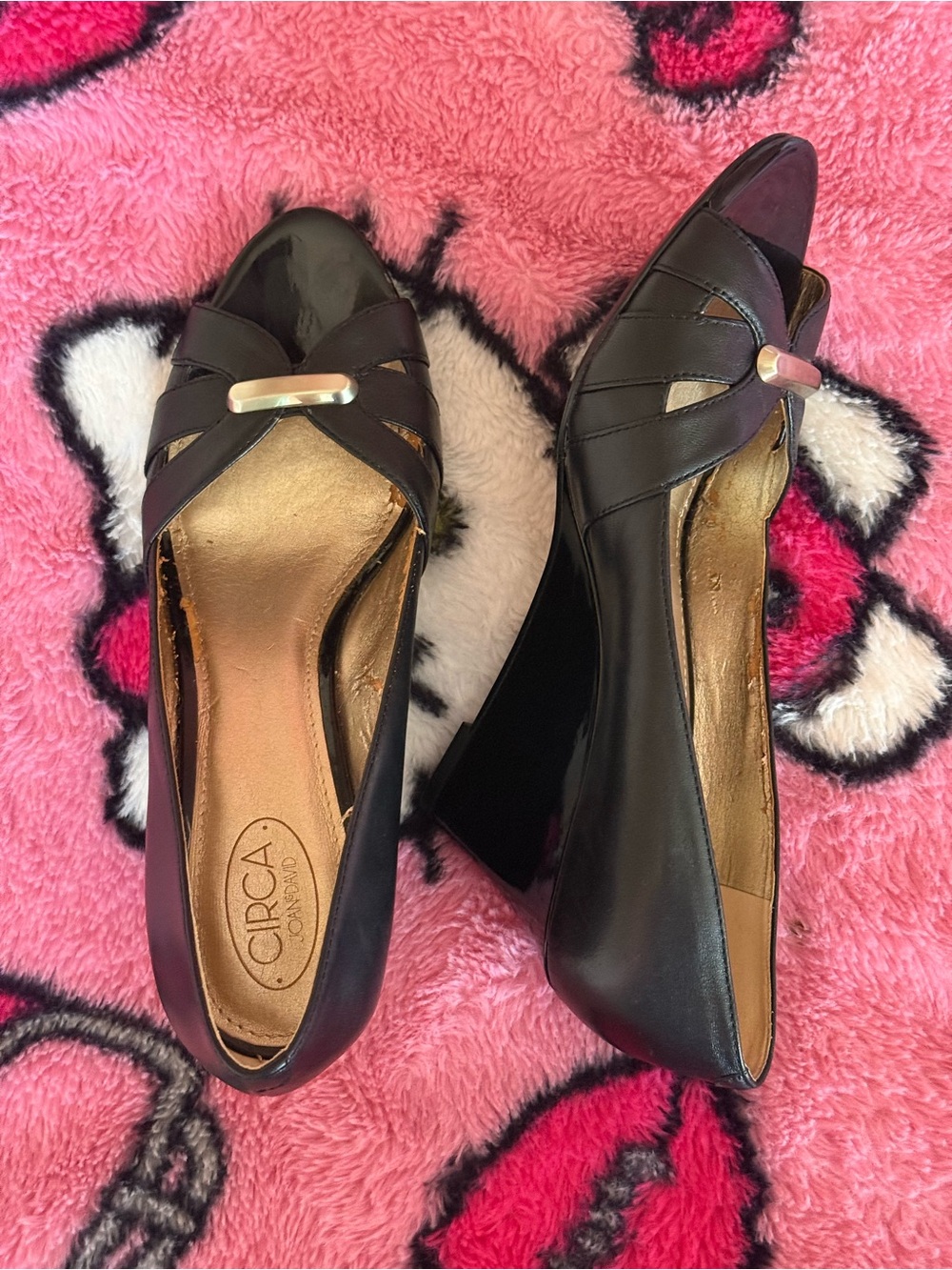 Circa Black Leather Peep-Toe Wedge Heels